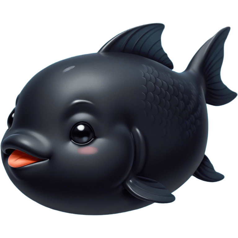 Meme-Worthy Cute Sleeping Black Goldfish Portrait Emoji, Head resting peacefully with a contented smile, showcasing a streamlined, graceful body and a luxuriously soft deep black hue, eyes closed in a serene, floating nap, Simplified yet hilariously adorable features, highly detailed, glowing with a soft, drowsy light, high shine, relaxed and utterly lovable, stylized with an air of playful laziness, bright and heartwarming, soft glowing outline, capturing the essence of a comically sleepy goldfish, so meme-worthy it feels like it could instantly become the next viral sensation of adorable slumber! emoji