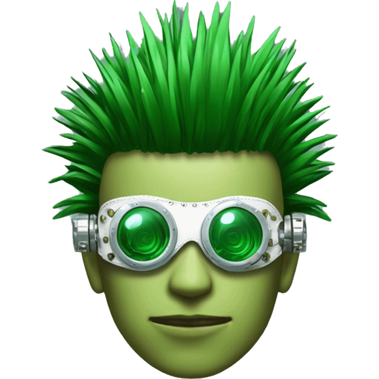 Green Mohawk hair male cyborg head with white steampunk goggles and circuits emoji