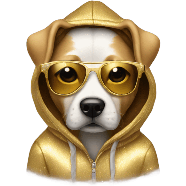 Dog wearing a hoodie and sunglasses sparkly gold emoji