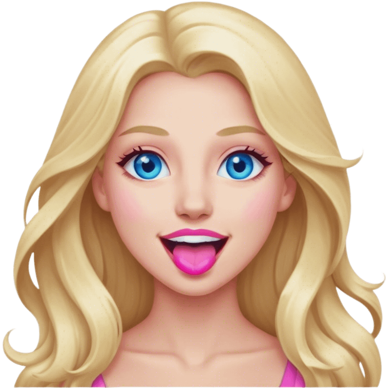 Cinematic realistic blonde with long hair, blue eyes and pink lips, rejoices emoji