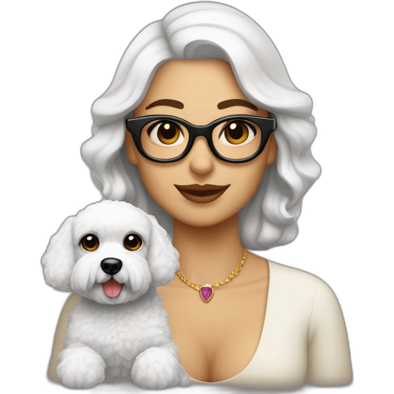 mujer gitana con gafas y perro bichon blanco emoji