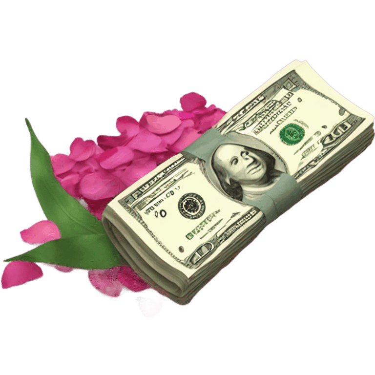 Rolled up dollar bill next to pile of flower emoji