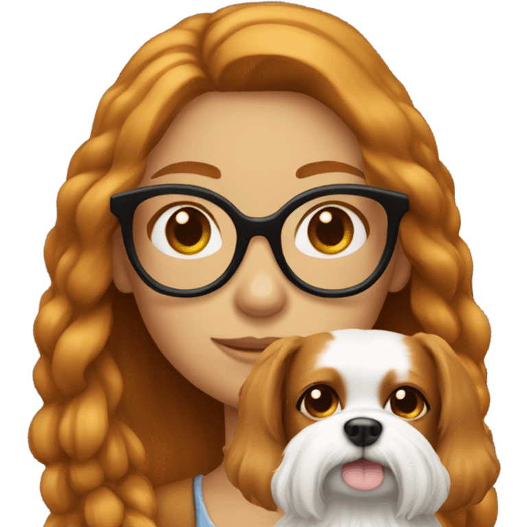 Tanned ginger long hair girl with glasses holding small white dog  emoji