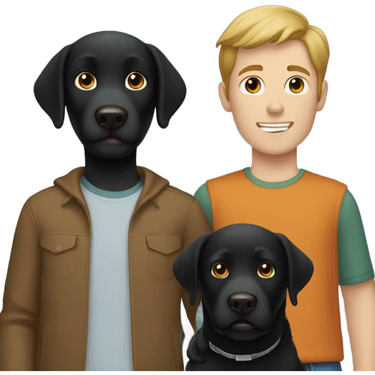 Black Labrador with two Caucasian teenage boys both boys have brown hair  emoji