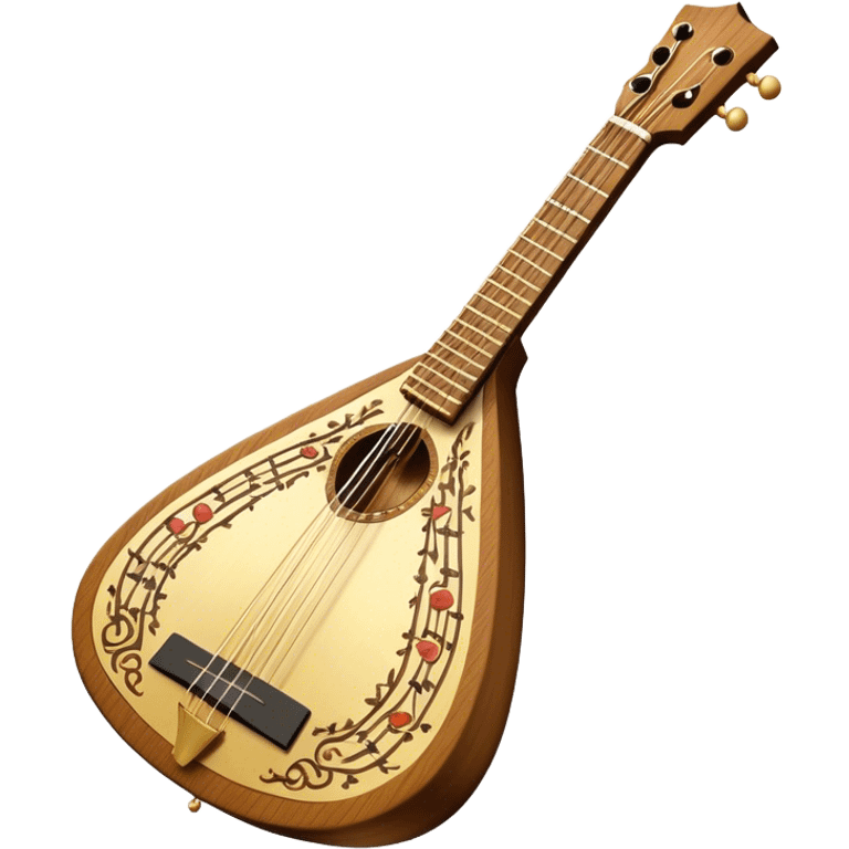 Create a refined and detailed emoji representing the 3-stringed Doff BCM balalaika. The design should feature the classic triangular shape of the balalaika, highlighting its smooth wooden body and high-quality finish. The three strings should be clearly visible, and the tuning pegs should reflect the craftsmanship of the instrument. Add subtle musical notes around the instrument to emphasize its melodic sound. Use rich wood tones, gold accents, and silver details to reflect the professional quality and elegance of the Doff BCM balalaika. The background should be transparent. emoji