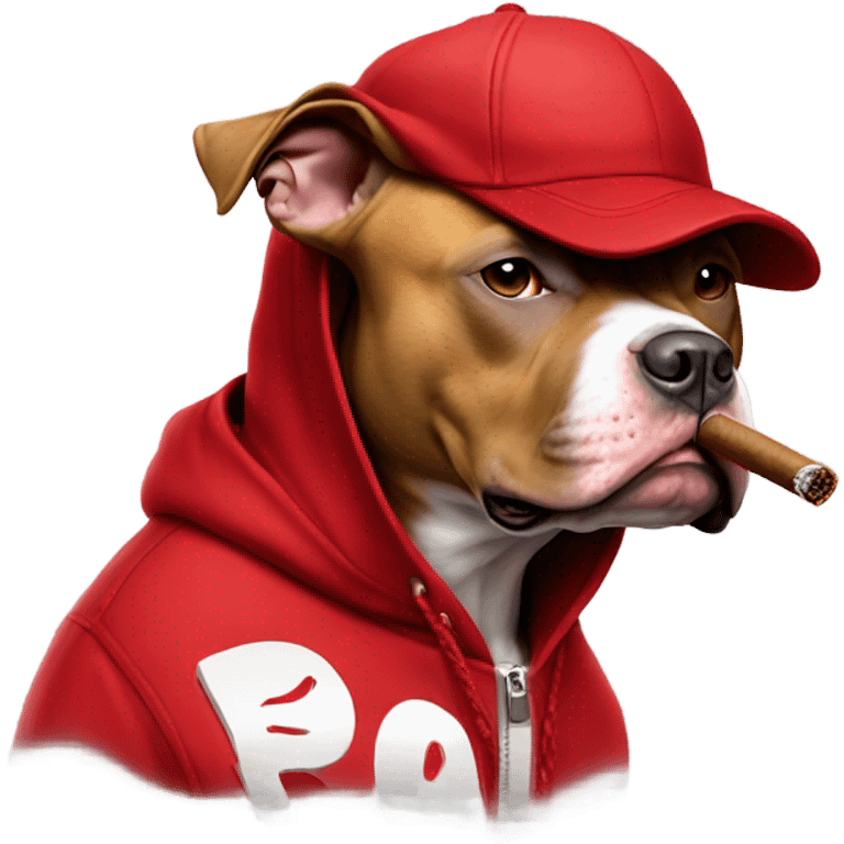 Pitbull smoking a cigar wearing a red hoody and red hat with the word blood on it emoji