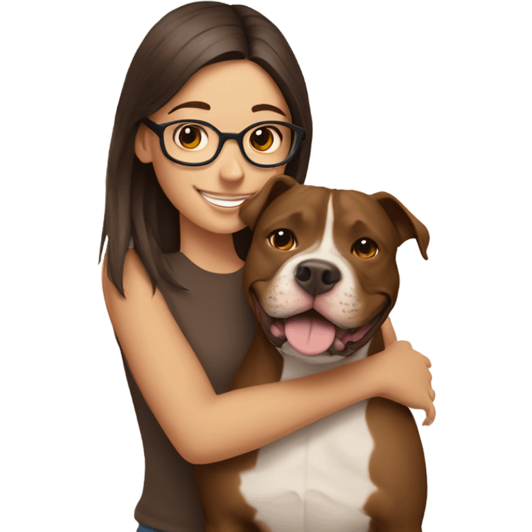 smiling brunette girl with glasses hugging brown pit bull  emoji