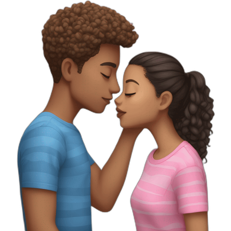 Mixed boy in blue shirt kissing ia mixed girl with pink shirt and lightskin stripes emoji