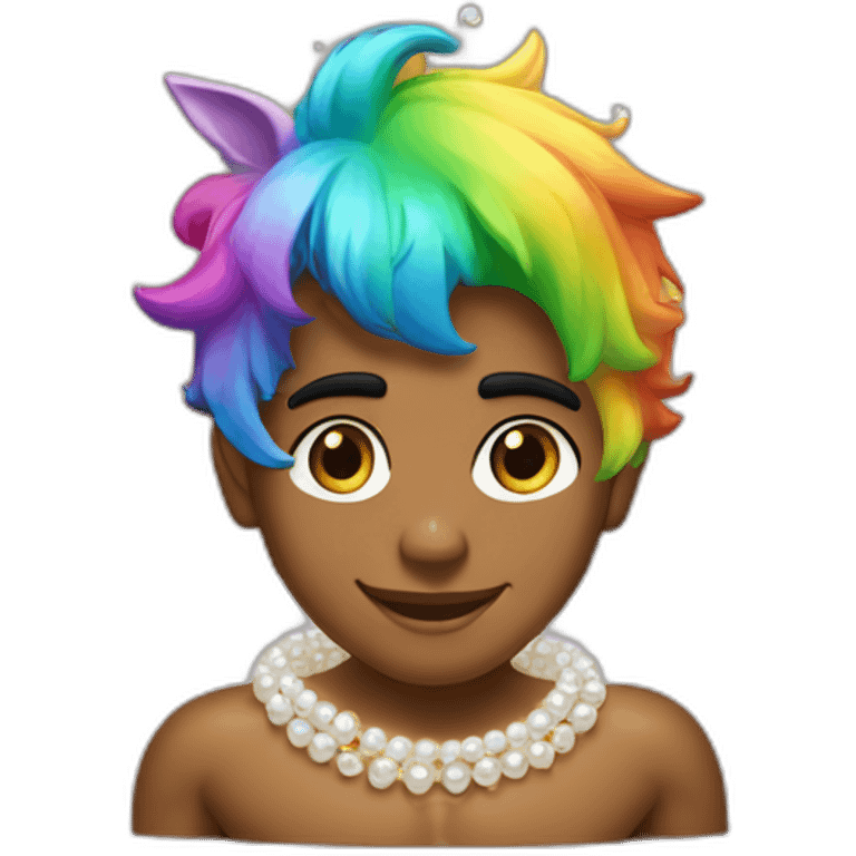 posh-muscle-boy-with-pearl-necklace-and-rainbow-unicorn-hair-in-golden-bathtub emoji