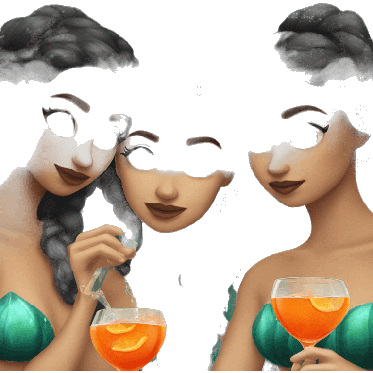 Three beautiful mermaids (light skin) drinking aperol emoji