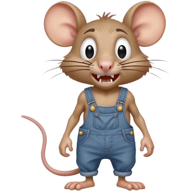 angry disheveled dizzy cartoon hillbilly rat wearing overalls no shirt. standing and talking full body. human eyes. teeth showing talking. walking talking moving arms. reacting upset emoji