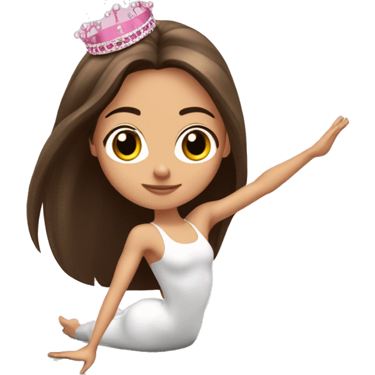 Long Brunette hair doing Pilates on reformer with pink tiara and ballet wrap emoji