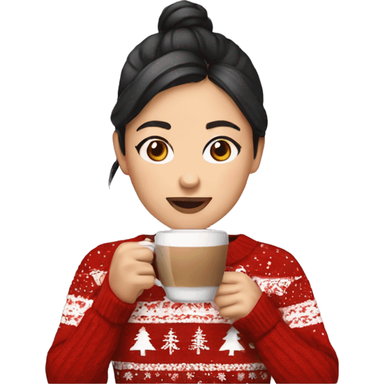 asian girl drinking coffee wearing Christmas sweater emoji