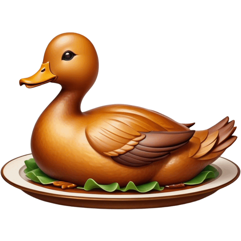 Cinematic Realistic Peking Duck Dish Emoji, depicted with crispy, roasted duck with glistening skin and succulent meat, rendered with rich textures and dramatic, appetizing lighting. emoji