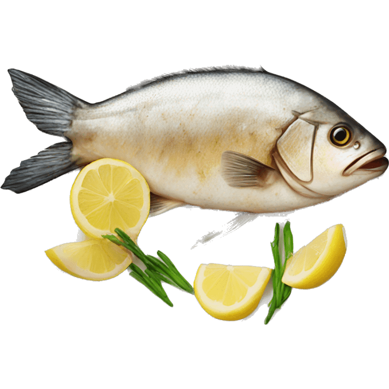 Realistic grilled fish on plate with lemon emoji