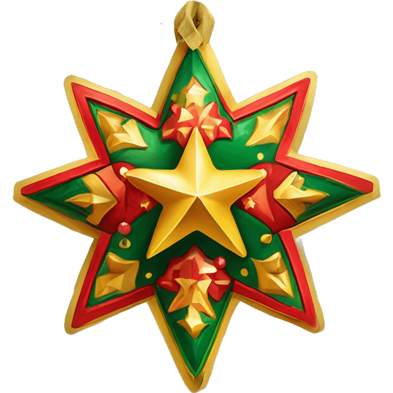 Traditional Ukrainian Christmas star for caroling, decorated with vibrant folkloric patterns, bright gold, red, and green colors, and small bells hanging from the edges, attached to a wooden pole. emoji