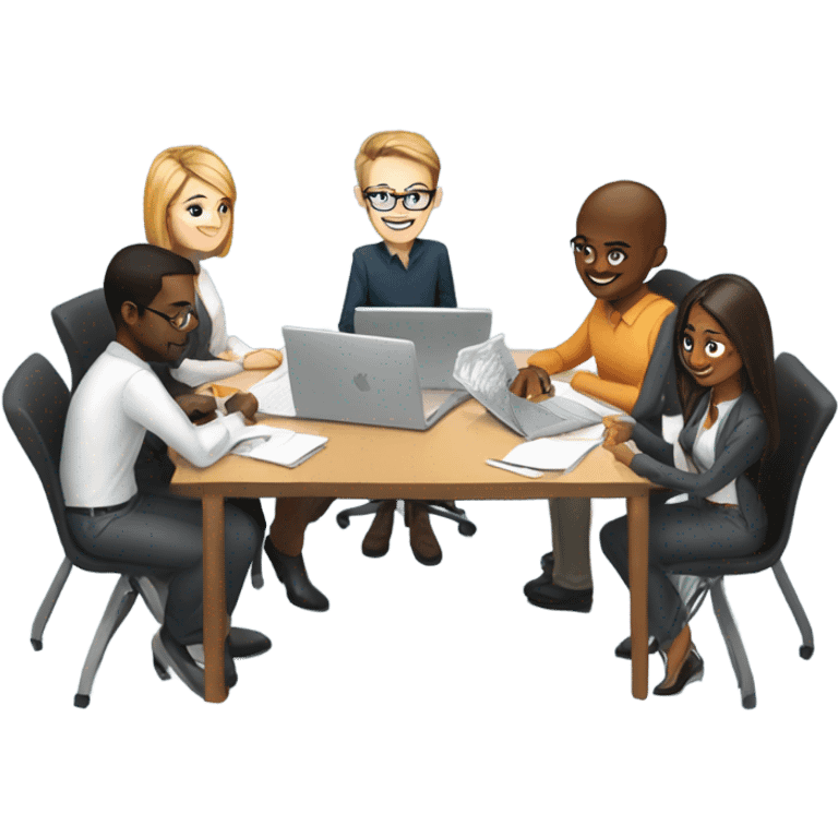 A small, diverse team collaborates with laptops and sketches in the background, symbolizing professional IT consulting.  emoji