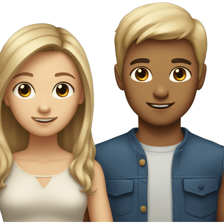 A light tan girl with brown hair and brown eyes with a blond boy with blue eyes emoji