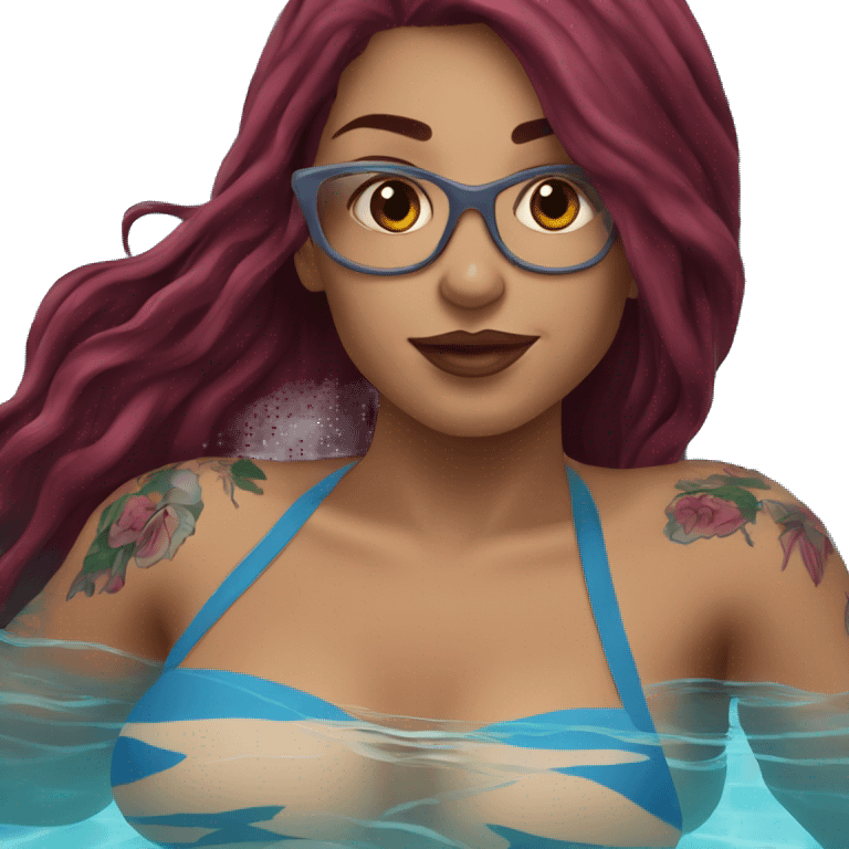 Beautiful tattooed  burgundy long haired woman swimming in a pool emoji