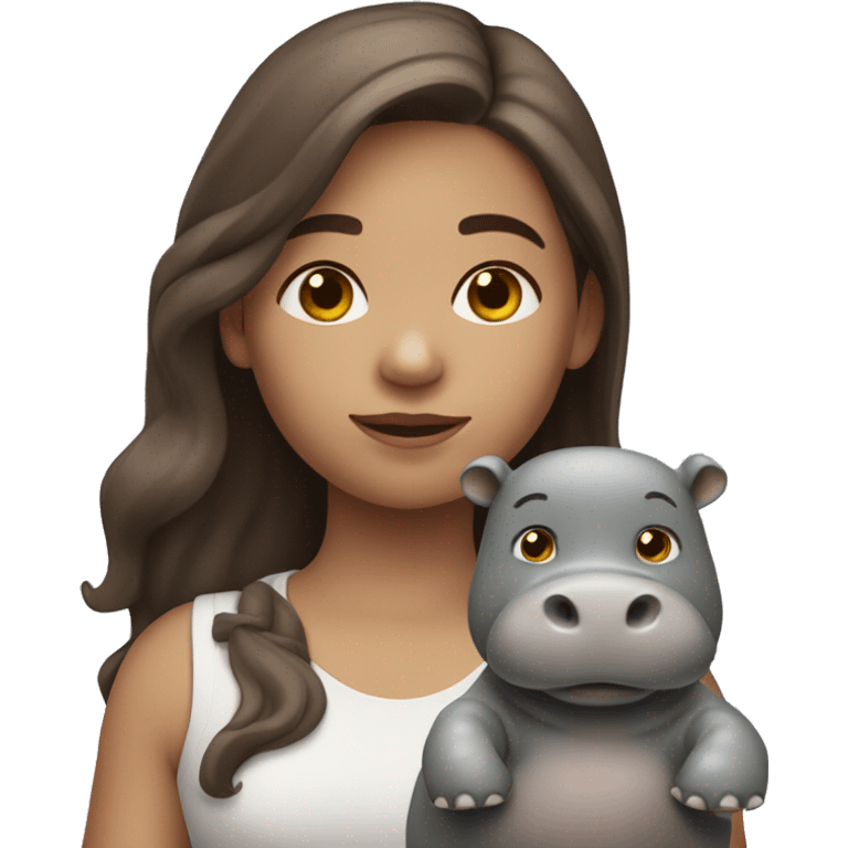 a girl with brown hair with a small toy gray hippopotamus in her hands emoji