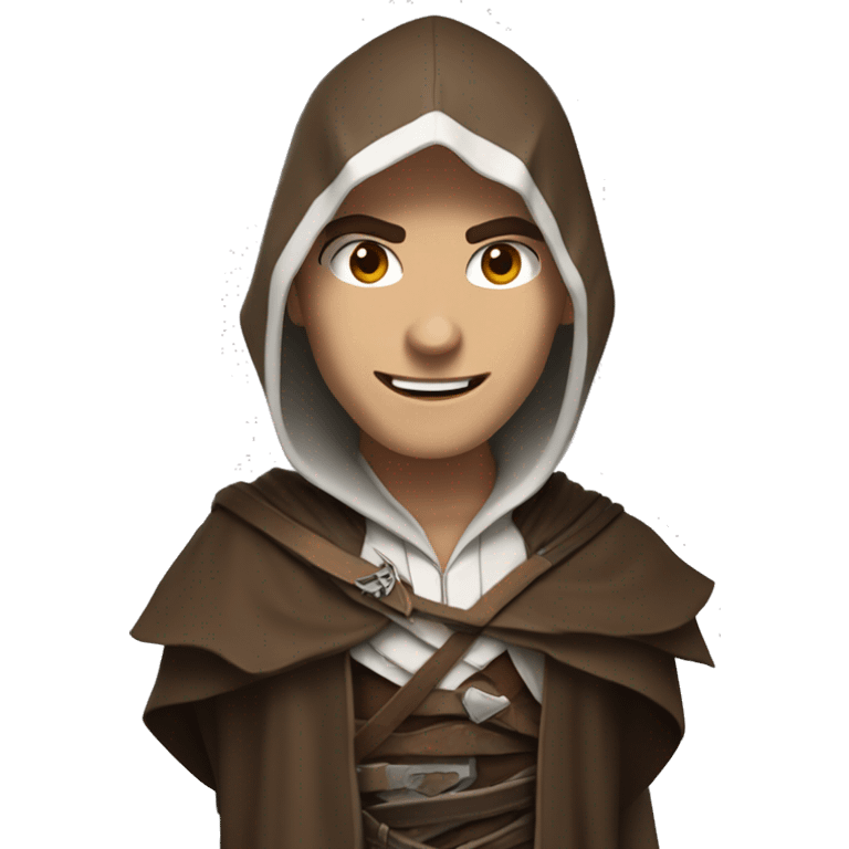 Assassin creed, white skin, smiling, brown robe, eyes not visible under the hood emoji