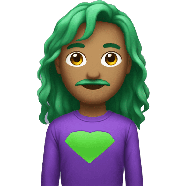 Um homem de blusa verde com detalhes em roxo de usando um bone roxo com detalhes em verde emoji