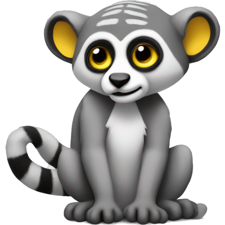 A stuffed animal in a lemur shape with gray and whited mixed coloured with big yellow eyes  emoji