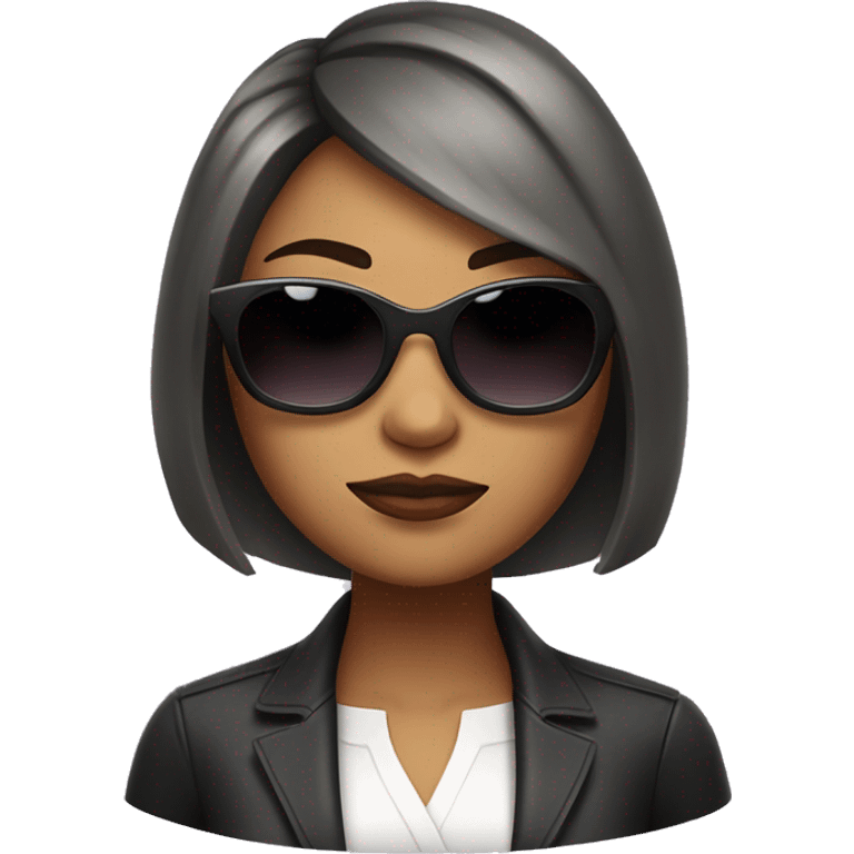 Woman with short, asymmetrical bob haircut with highlighted layers, wearing large sunglasses, looking serious with a slight frown. emoji