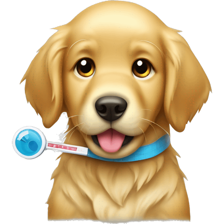 Sick golden retriever puppy with thermometer in mouth  emoji