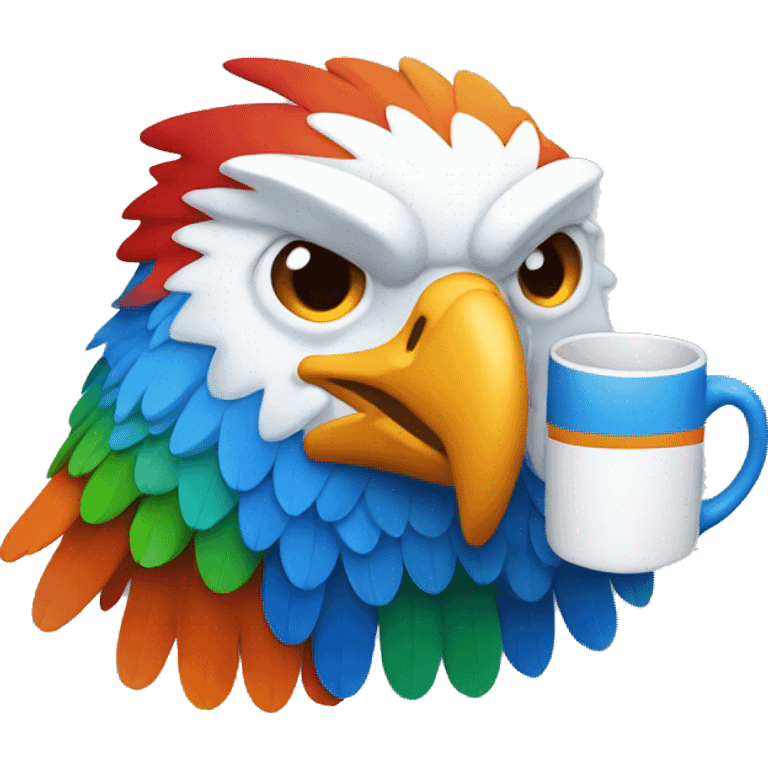 create a blue eagle with colorful wings in the colors: orange, red and green. This eagle has to be holding a white mug. emoji