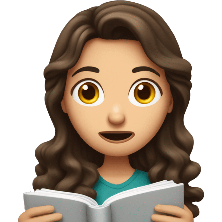 brunette long wavy hair woman shocked face while holding and reading book emoji