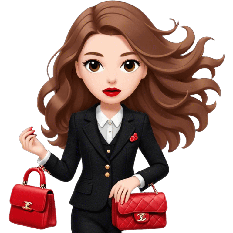 White girl with brown long hair dressed up in black chanel tweed suit with a red chanel bag and red lipstick. Close up with wind blowing her hair looking fancy emoji