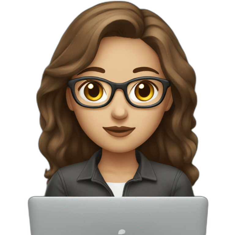 Beautiful programmer girl with brown hair working with MacBook emoji