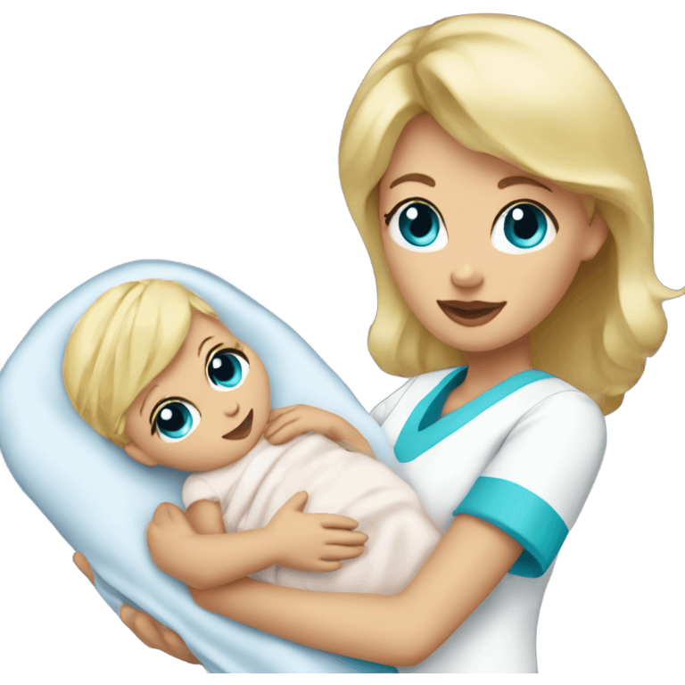 female nurse with blonde hair with curtain bangs and blue eyes holding a newborn baby emoji