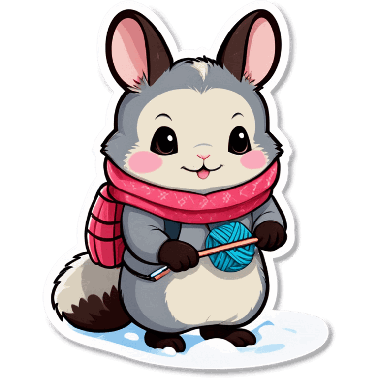 Cute girl chinchilla knitting on snow skis emoji