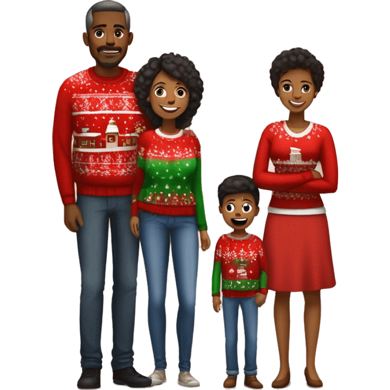 A Black family of four members with Dad, Mom, Son, and Daughter. The son stands next to Mother. The Daughter stands next to Father. All family members are wearing Christmas sweaters and Santa hats.  emoji