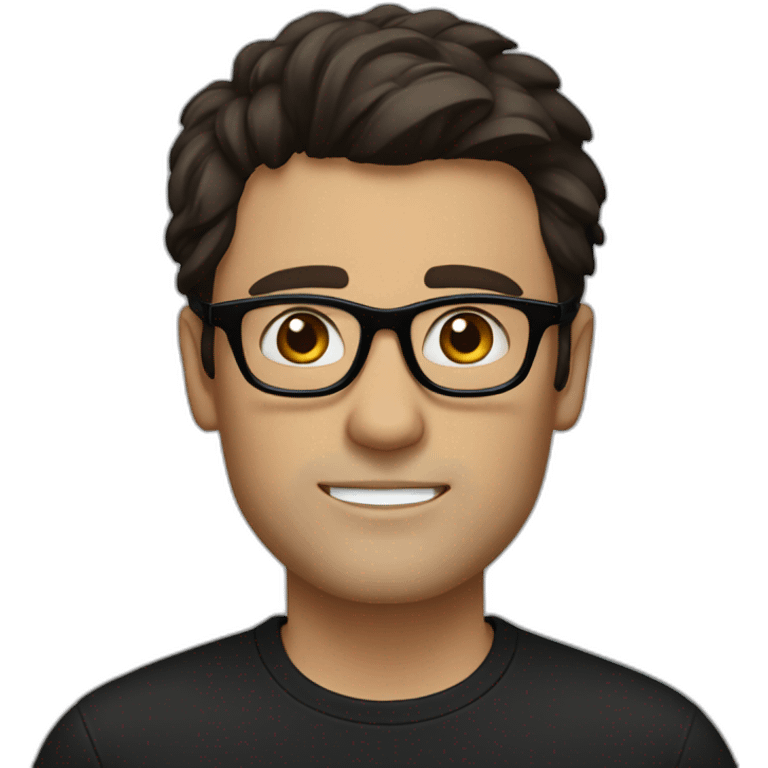 a slim white man with messy short dark brown hair, with a black t-shirt, black rectangular glasses emoji