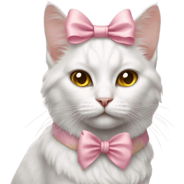 Realistic white cat with yellow eyes wearing pink rococo bow emoji