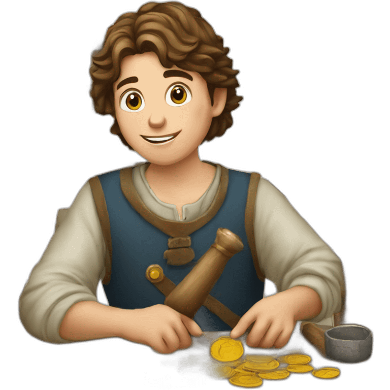 young coin engraver apprentice yielding tool, medieval age emoji