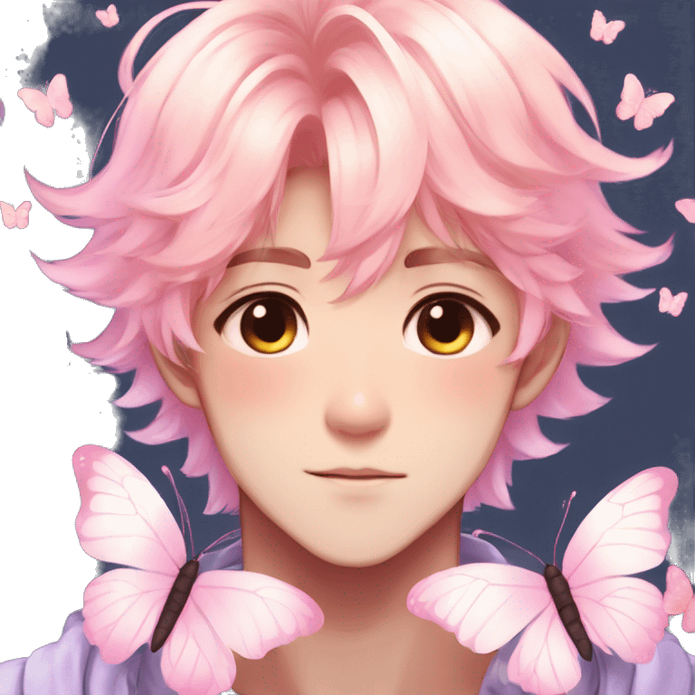 Gorgeous colorful shiny pastel anime style shojo man with blushing face and butterflies aesthetic and pretty hair trending style emoji