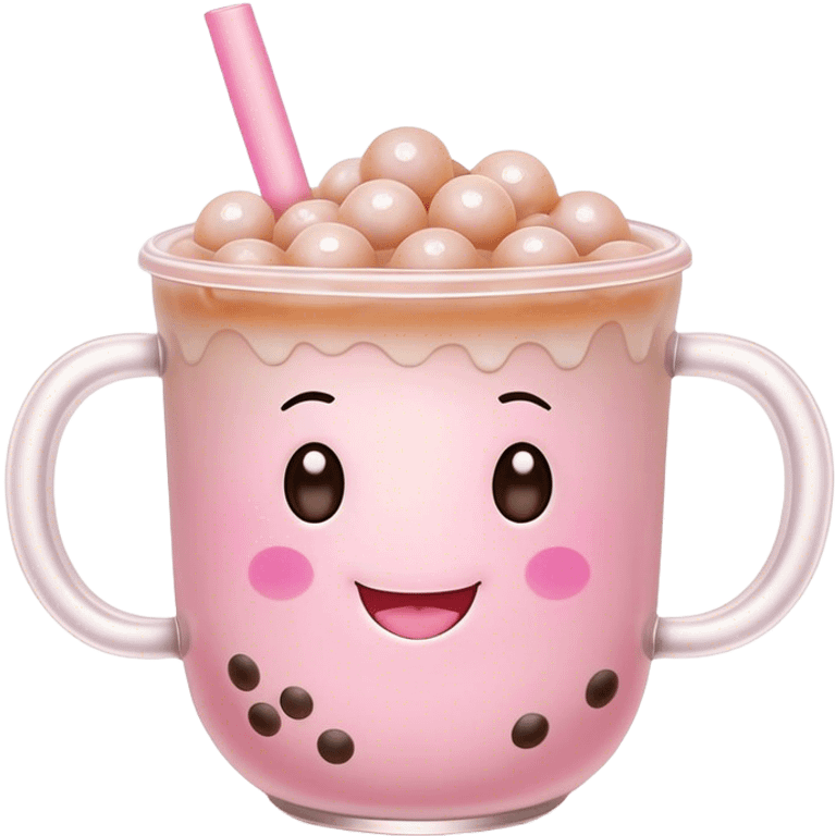 Cute Kawaii Boba Tea Cup, with a happy smiling face, chubby round shape, pastel pink and brown colors, soft glowing highlights, adorable tapioca pearls floating inside, sparkling eyes full of joy! emoji