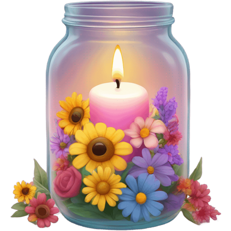 candle burning in a glass jar with flowers and halo emoji