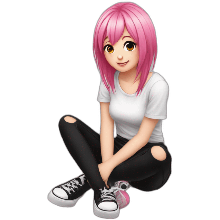 Full body Front view curvy emo girl pink hair sits on the floor straight view hands up black skirt полосатые рваные чулки emoji