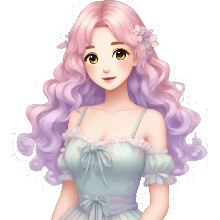 gorgeous pretty attractive anime lady beautiful pastel-gradient hair with gorgeous dress fairycore cottagecore pastelcore detailed high quality trending VOGUE aesthetic full body emoji