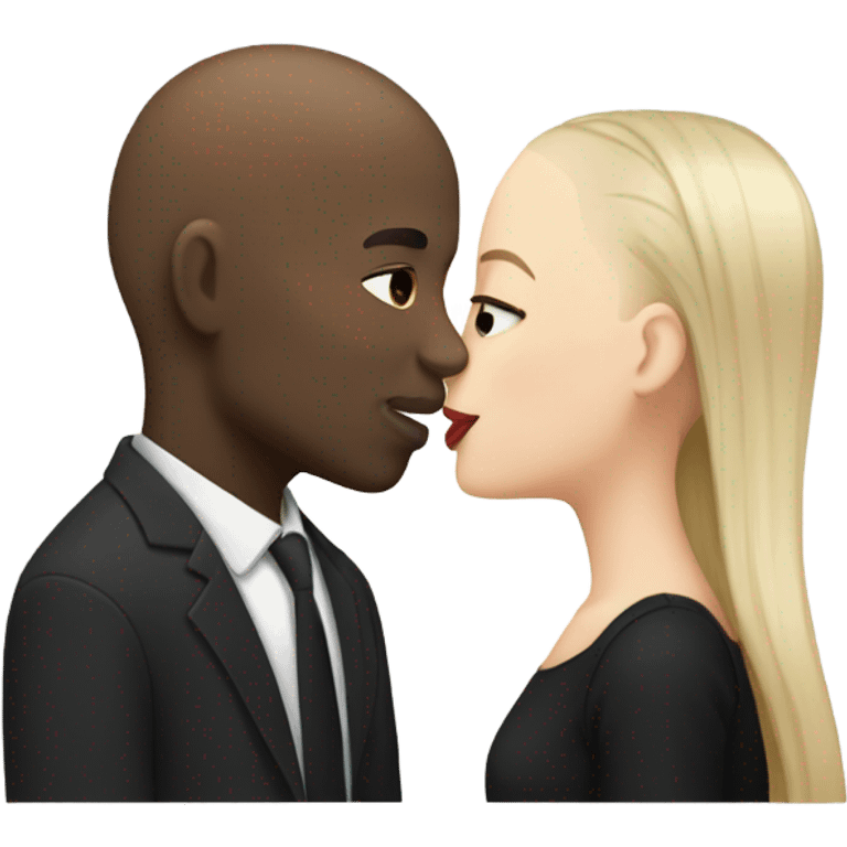 White girl dark hair kissing bald black man emoji