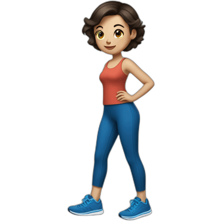 Short brunette, leggings, blue walking shoes, tattoo emoji