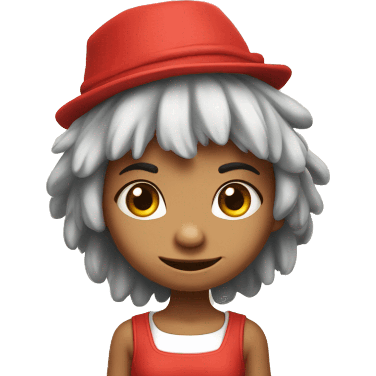 The girl character is a cute and funny troll, the logo is simple. The character has a hat on his head, big ears and pretty red eyes. Her hair is red, lush and round. She is wearing a Karelian sundress. emoji