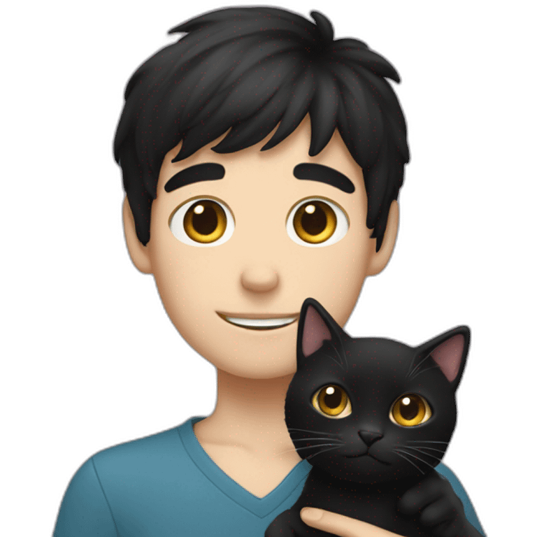 black haired white boy holds a black cat emoji