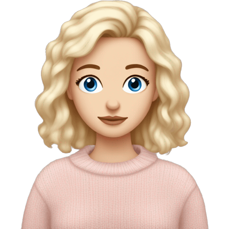 Pretty blue eyed white girl with light pink sweater reading cozy emoji