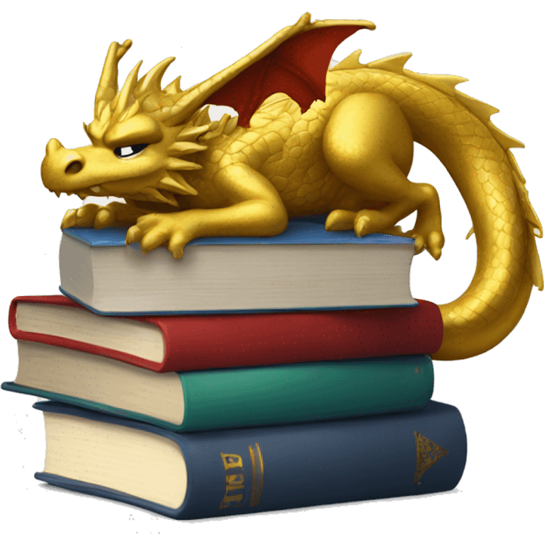 A gold dragon with a Santa hat on his head  asleep on a stack of books emoji